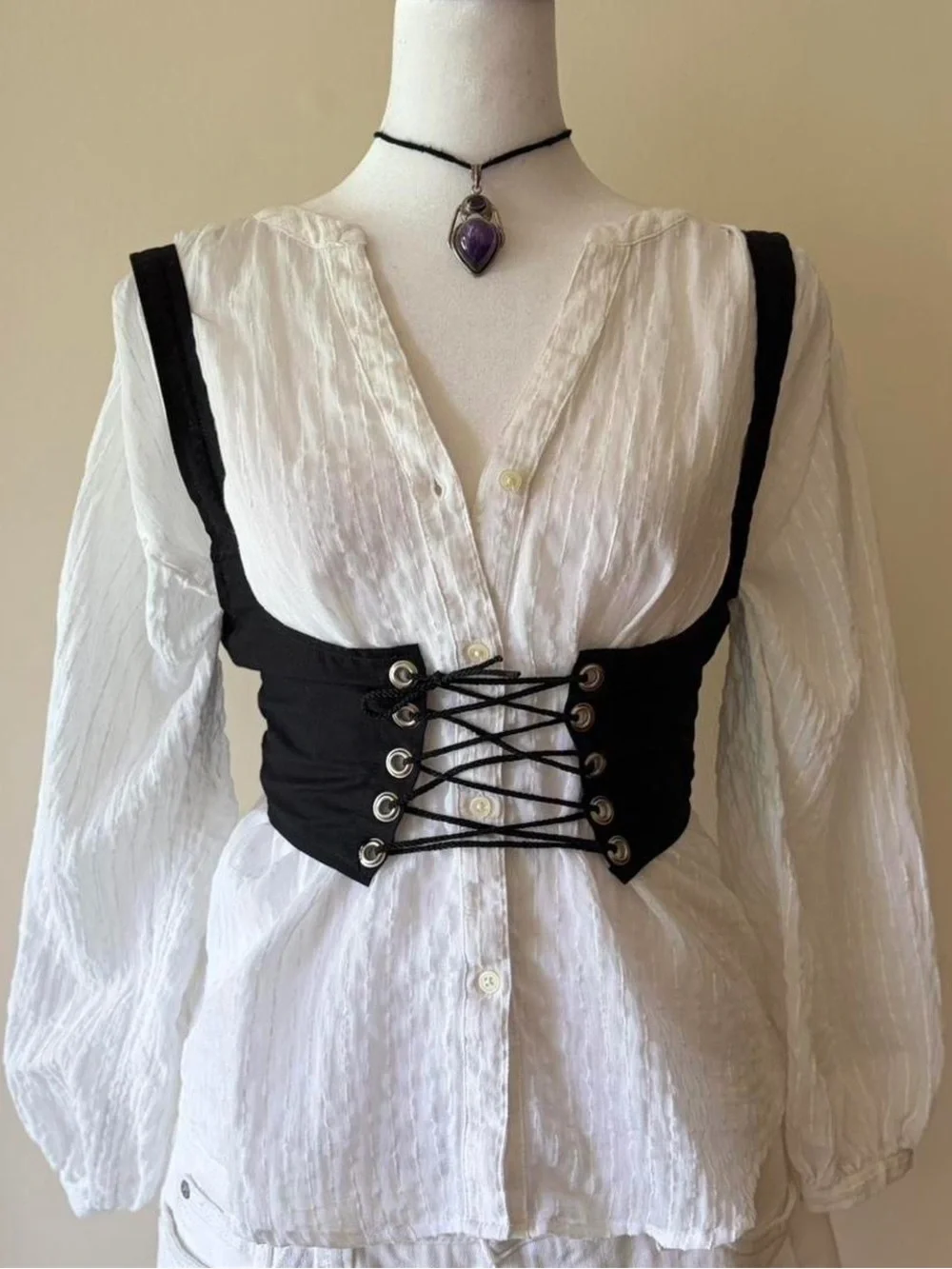 White boho peasant poet button blouse puff sleeve prairie pirate Ann Taylor XS